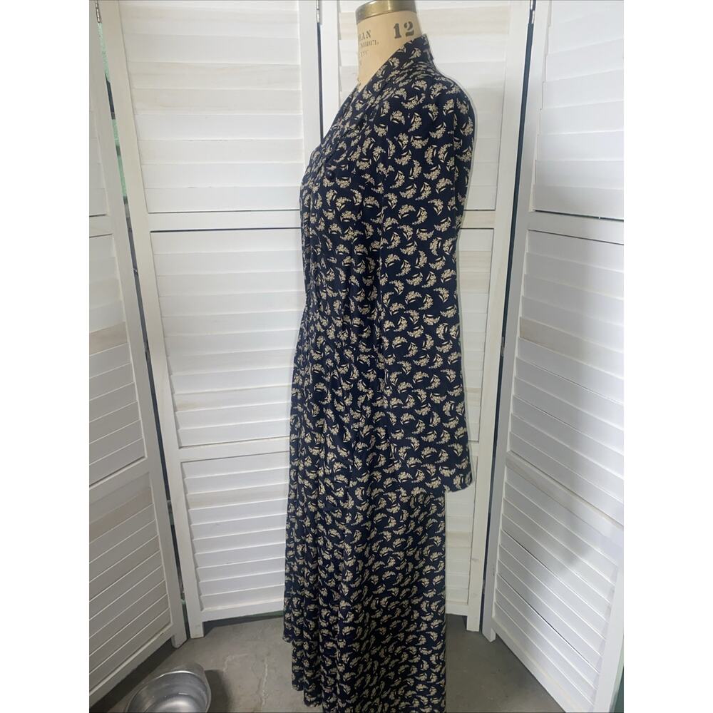 90s Leslie Faye Shirt Dress Sz 12 Large Maxi A-line Button Front Black Floral - Picture 7 of 11